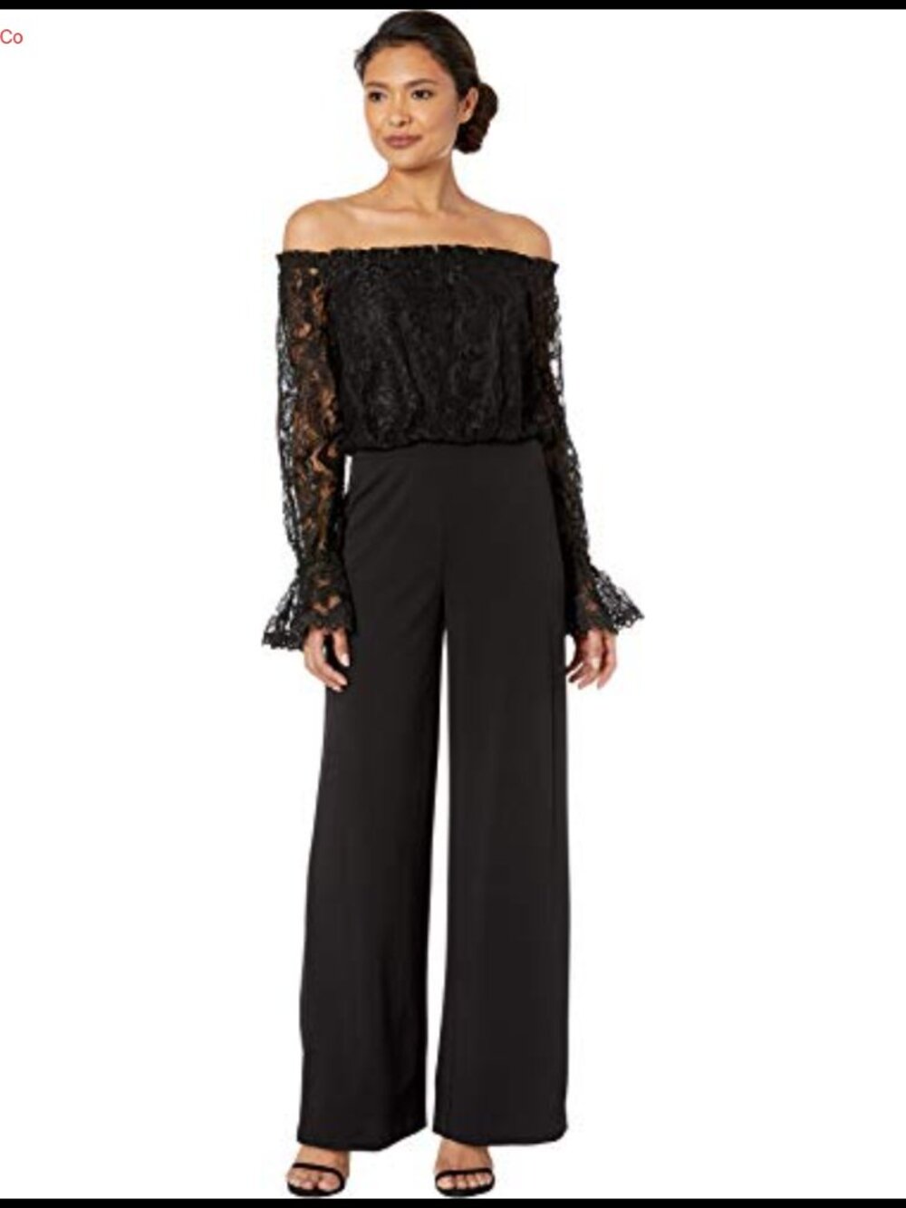 Lace & Crepe Wide Leg Jumpsuit Off the Shoulder Sheer Long Sleeve Dressy